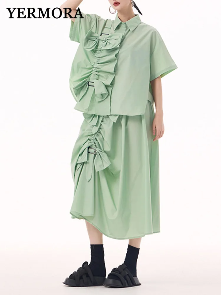 

YERMORA женский комплект из двух предметов, зеленая асимметричная повседневная рубашка с бабочками, новая свободная плиссированная юбка, модная весна-лето 2025