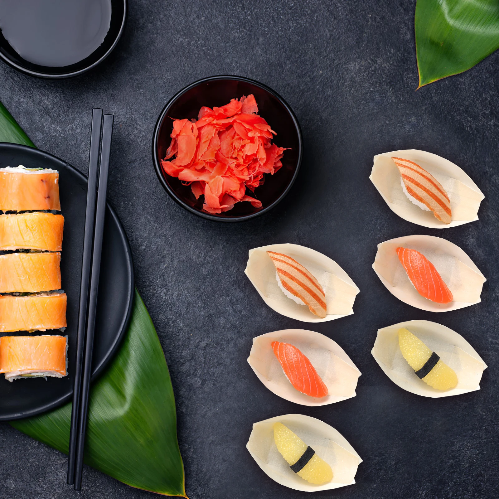 

50pcs Sushi Boat Natural Food Containers Snack Tray Japanese Tableware Kitchen Snack Containers Bar Supplies