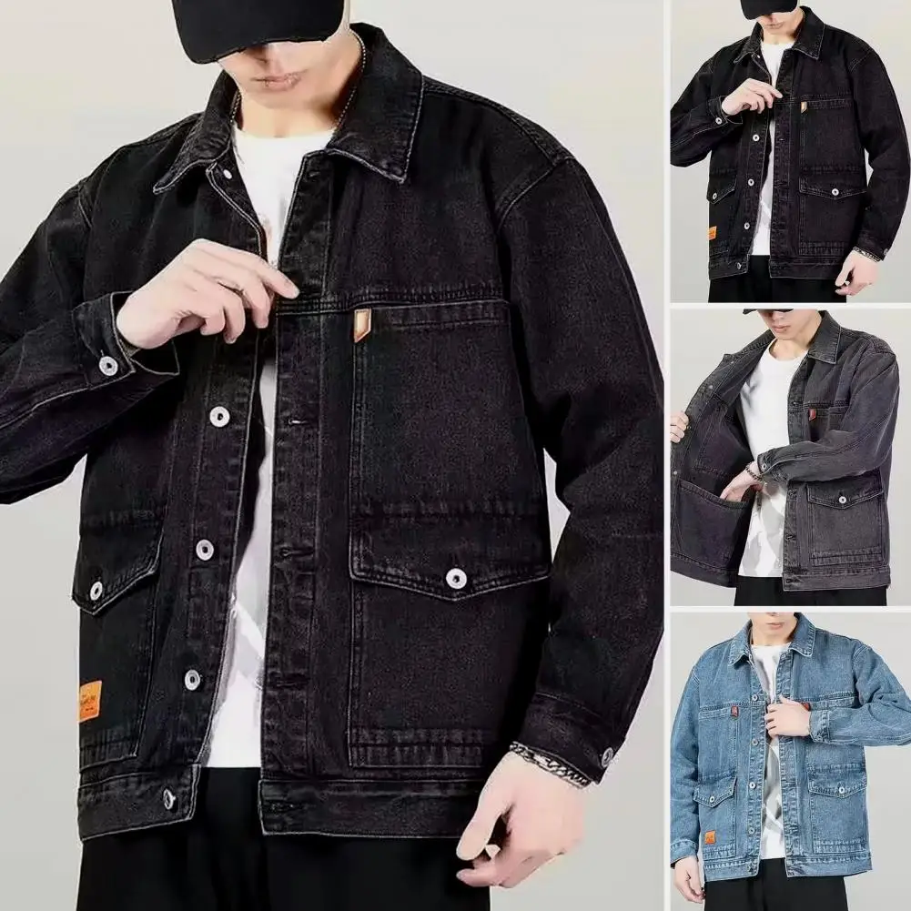 Trendy Men Autumn Jacket Pocket Turn-down Collar Hip Hop Men Autumn Denim Jacket  Cardigan Autumn Jacket for Daily Wear