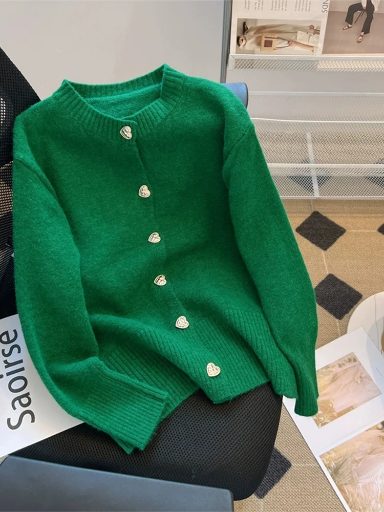 Women\'s Green Cardigan Sweater Aesthetic Y2k Elegant Vintage Long Sleeves Knitted Jumper Christmas Sweater 2000s Clothes Autumn