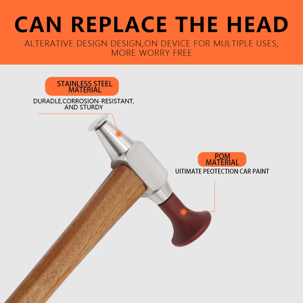 PDR Hammer with Beech Wood Handle, Interchangeable Stainless Steel POM Heads For Car Body Paintless Dent Repair Tools 2 PDR Hammer with Beech Wood Handle, Interchangeable Stainless Steel POM Heads For Car Body Paintless Dent Repair Tools 2