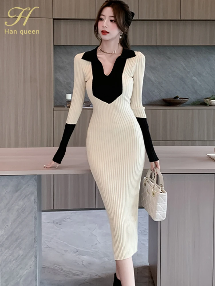 H Han Queen 2023 Autumn Dresses Korean Long Sleeve Vestido Elegant Fashion Color Blocking Knitted Office Party Casual Lace Dress