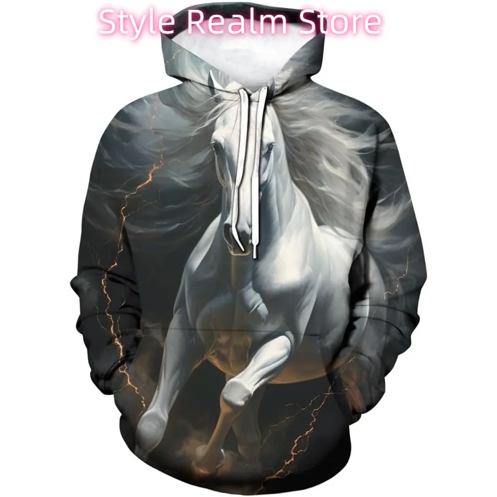 رجل الجدة الأبيض الحصان هوديس 3D نمط المطبوعة الحيوان طويلة الأكمام البلوز هوديي