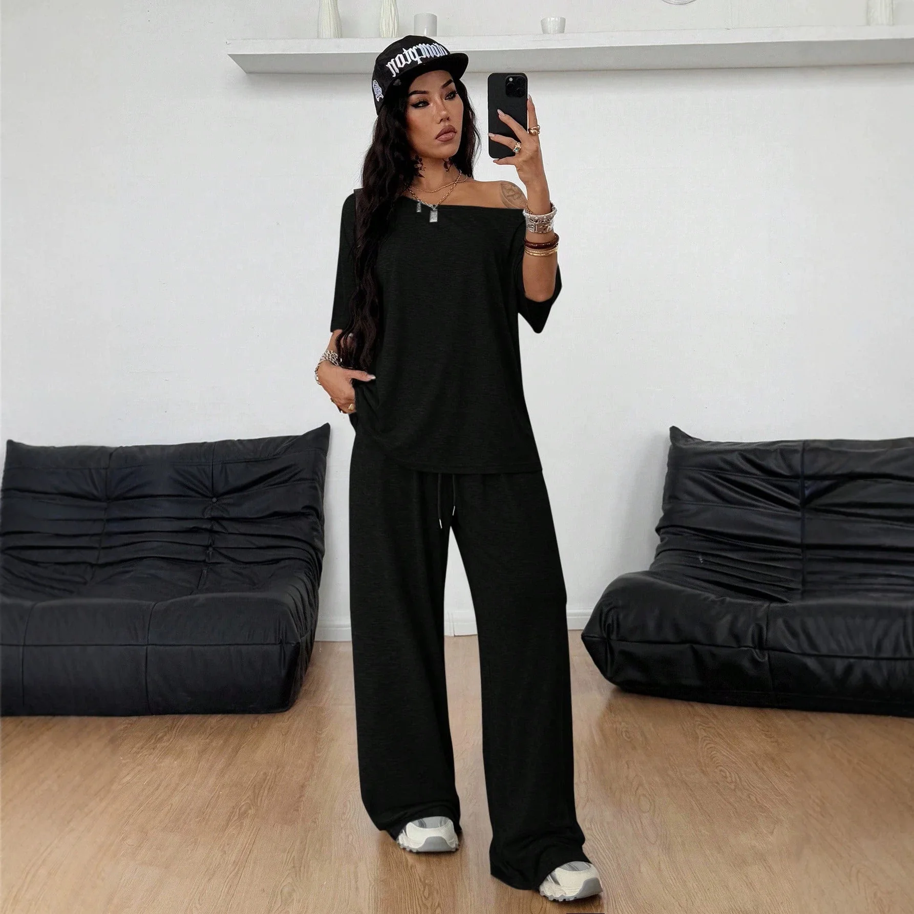 Women's Casual Solid Color Two Piece Set Off Shoulder Wide Leg Pants Tracksuit Loose Trousers