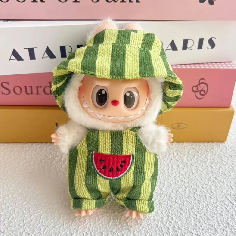 Labubu Doll Clothes Watermelon Striped Overalls Hat Set Cute Summer Outfit For 1st 2nd 3rd Generation Keychain Pendant