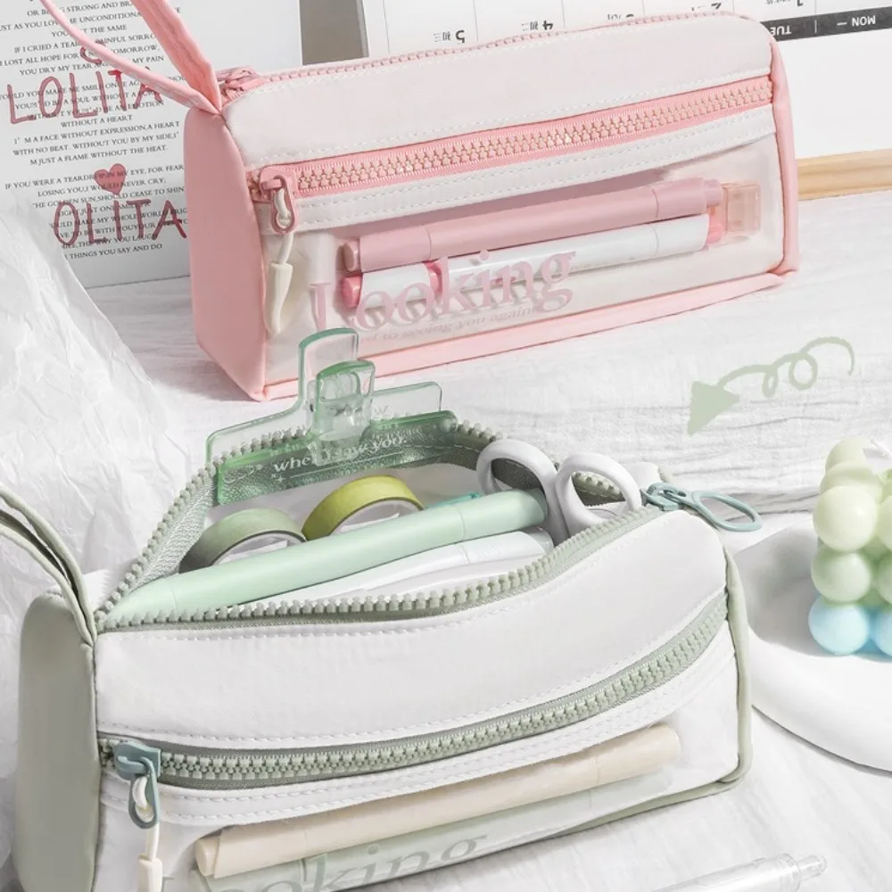 Estojo transparente de 3 camadas, grande capacidade, armazenamento portátil, caixa de papelaria, multifuncional, leve, simples, bolsa de papelaria