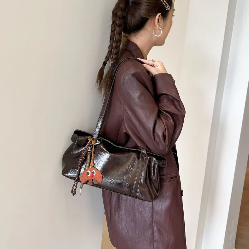 Leather Retro Women's Bag - Waxed Leather Large Capacity Underarm Bag Soft and Versatile Single-Shoulder Style