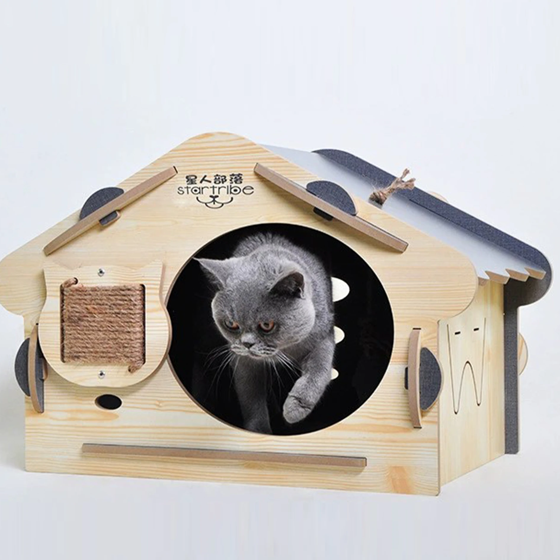 MOFESIPI Wooden Cat House Easily Assembled Cat Hiding Place With Roof Kitty Cave With Scratch Board Cat Shelter For Indoor