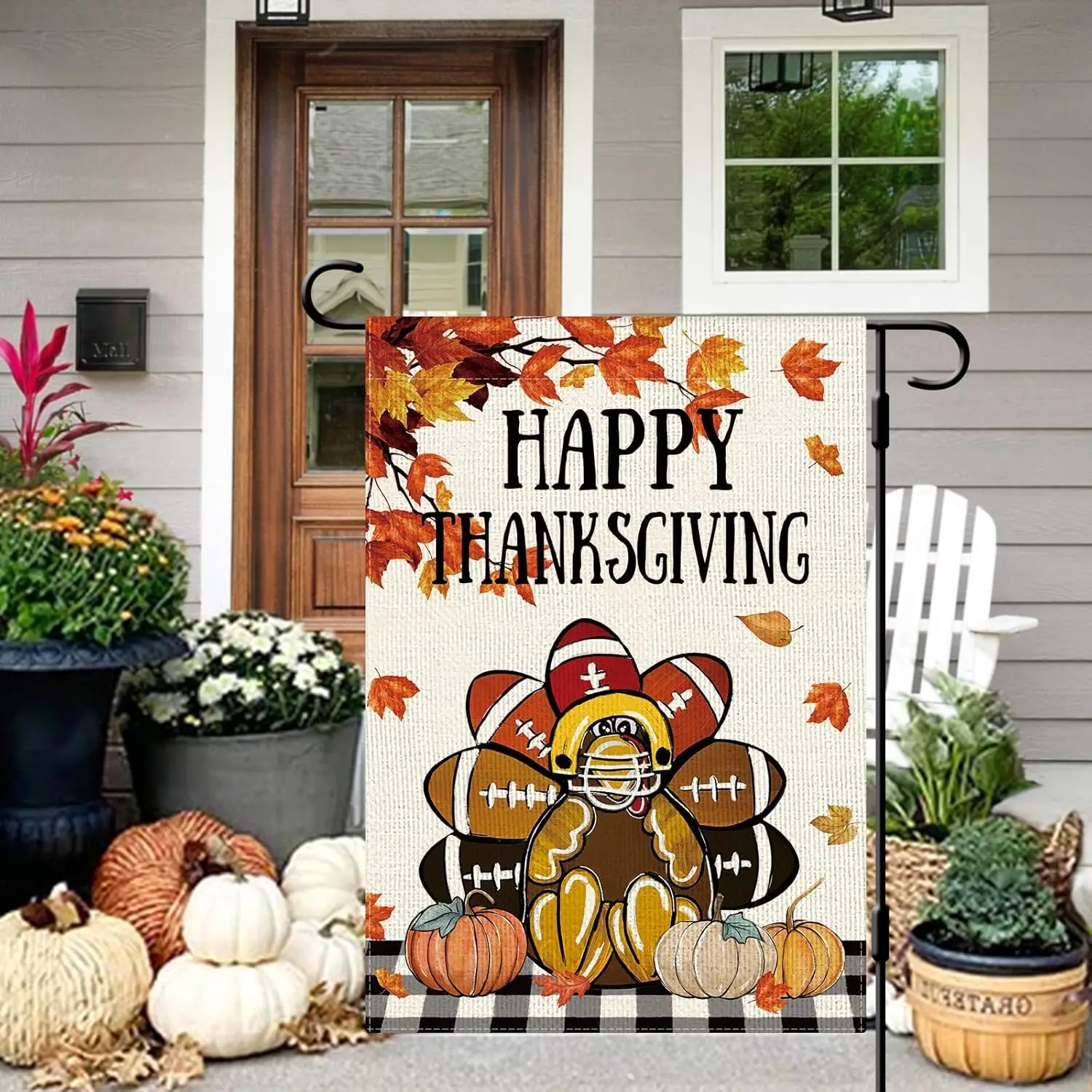 DLZDN Happy Thanksgiving Garden Flag Fall Turkey Football Flag 12×18 Inch Double Sided Vertical Burlap Farmhouse Yard Flag Thank