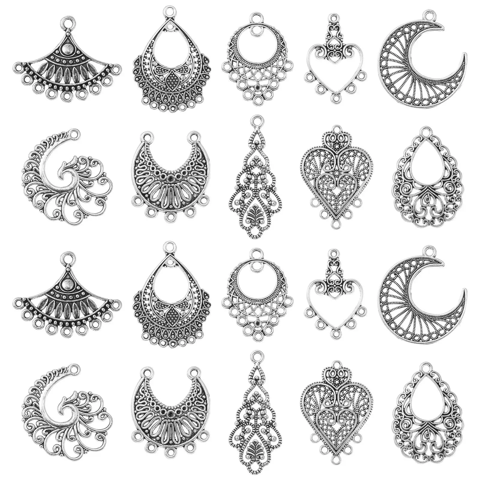 40Pcs 10Styles Tibetan Style Chandelier Component Link Antique Silver Connector Link Charms for DIY Earring Jewelry Making Craft