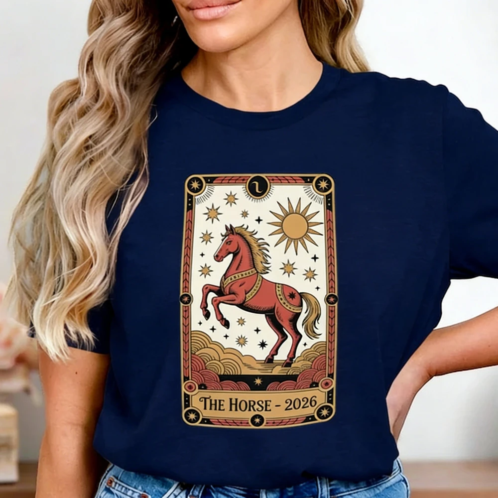 2026 Year of Horse T-Shirt Chinese Zodiac Shirt Astrology Tarot Tee Lunar New Year Gift Tshirt Women Fashion Holiday Cotton Tops