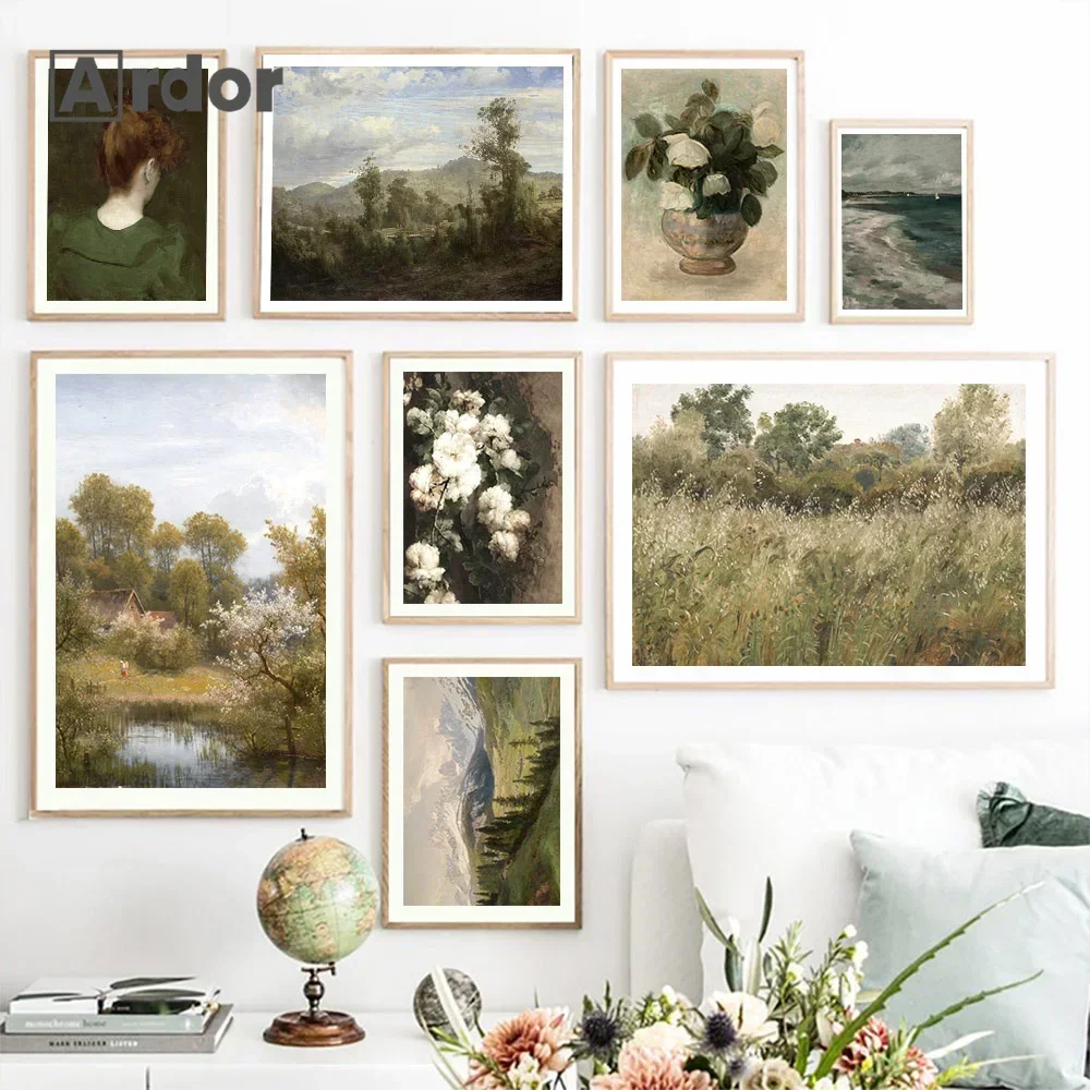 

Vintage Country Landscape Flower Poster Woman Oil Painting Canvas Neutral Farmhouse Print Wall Art Pictures Living Home Decor
