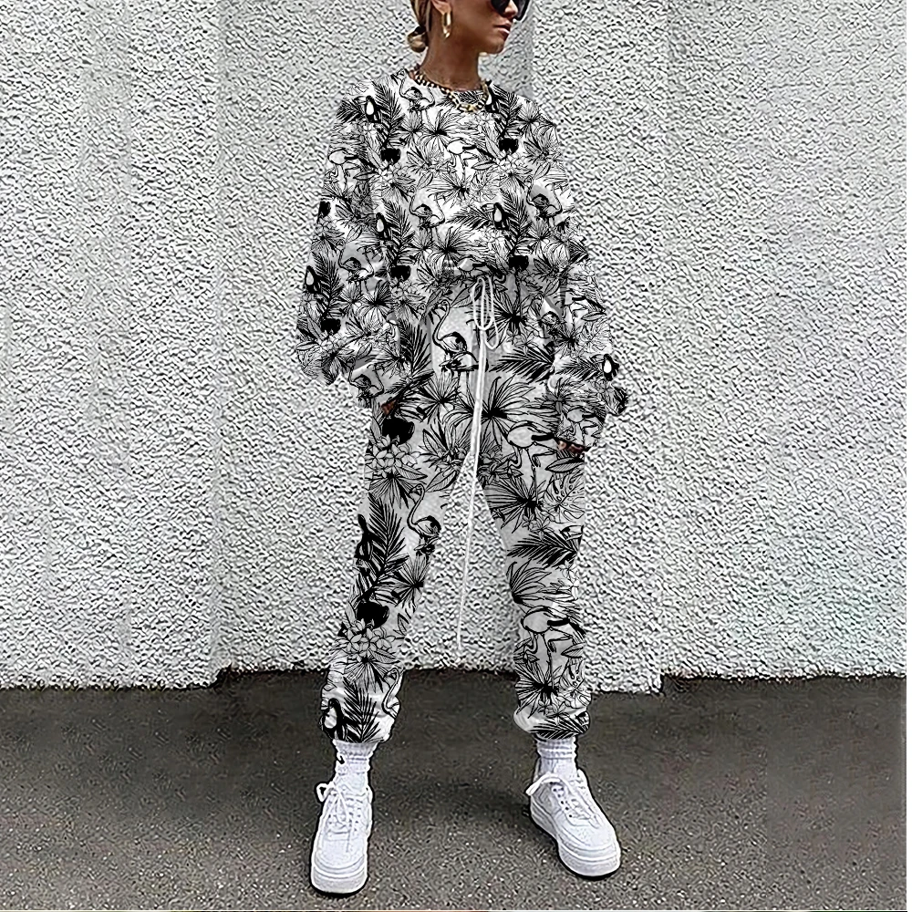 

Women Tracksuit Hawaii Print 2 Piece Outfit Sweatshirt+Straight Sweatpants Matching Set Fitness Sporty Streetwear