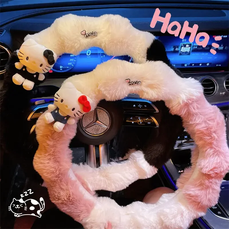 

Sanrio Kawaii Hello Kitty Plush Car Steering Wheel Covers Anime Cartoon Fashion Exquisite Universal Anti-Slip Handlebar Covers