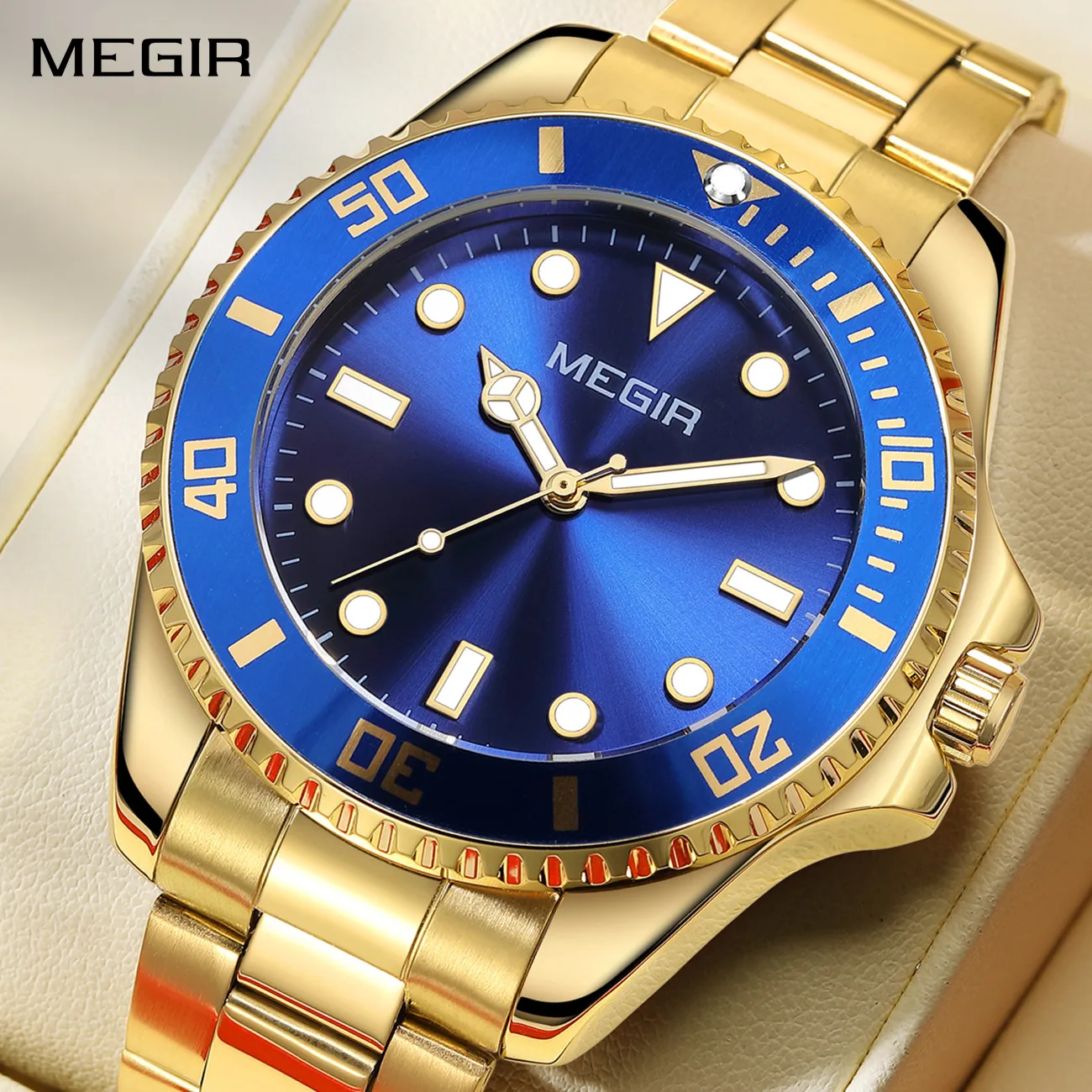 

MEGIR Men's Quartz Watch Clock Male Waterproof Luminous Stainless Steel Luxury Business Casual Wristwatch Relogio Masculino +Box