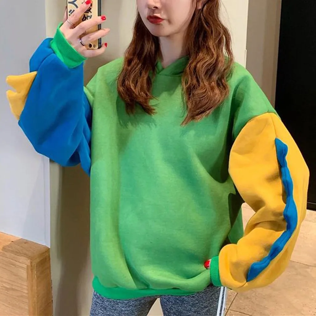 Kawaii Women Dinosaur Hoodie Korean Jap Cartoon Patchwork Hooded Pullover Cotton Sweatshirts Tops