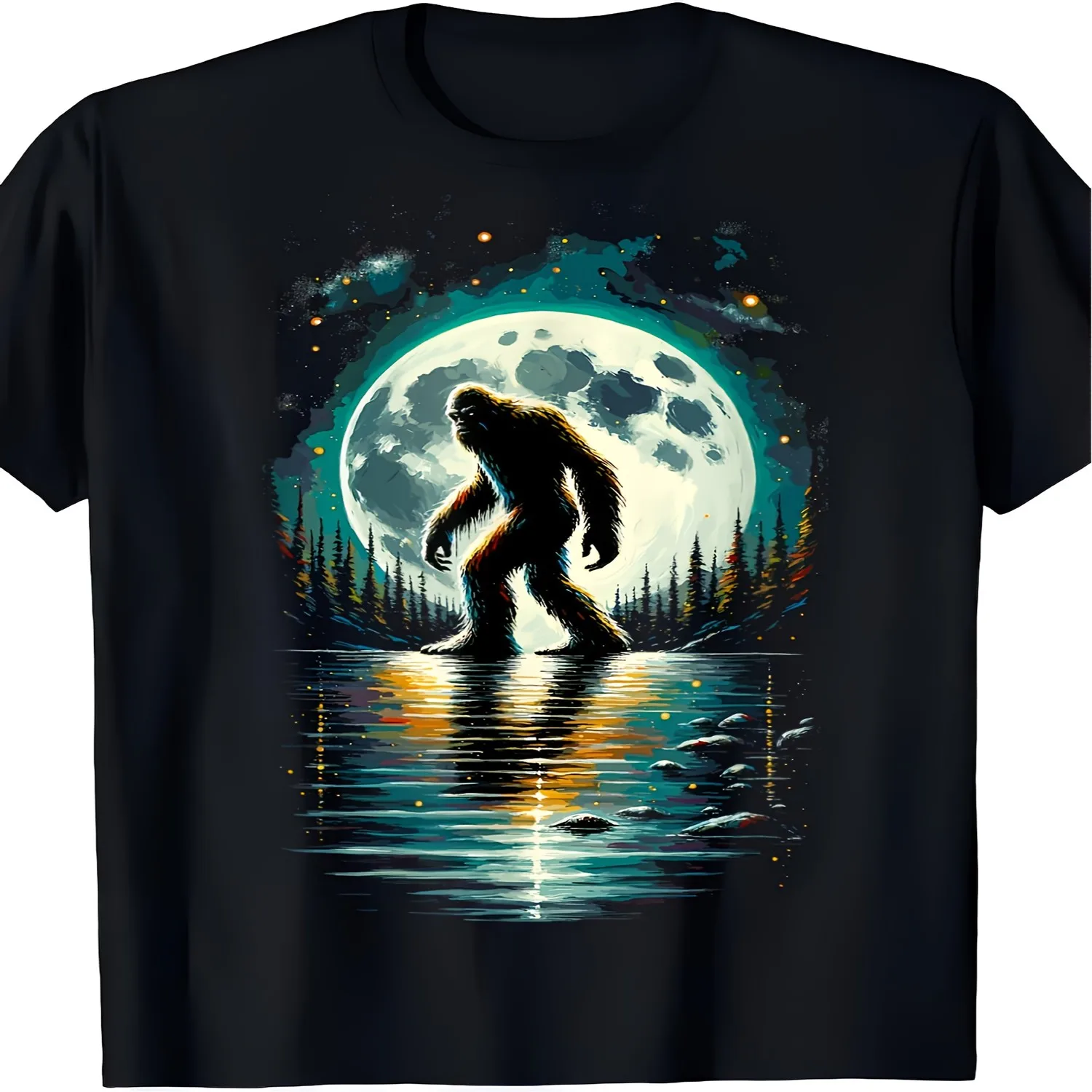 Men'S Sasquatch Graphic Heavyweight T-Shirt - Relaxed Fit Crew Neck Short Sleeve Featuring Full Moon Trees Design, Available in Plus Sizes, Ideal for Casual Summer Outings And Outdoor Activities Retro Graphic Shirt, Holiday Tshirt