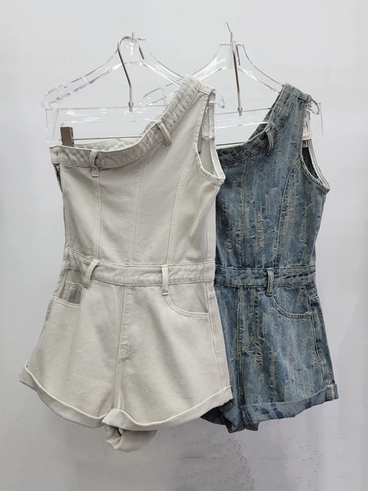 DEAT Trendy New Denim Playsuits For Women Single Shoulder Backless Sleeveless Pockets Design Rompers Female 2024 Summer 11A0241