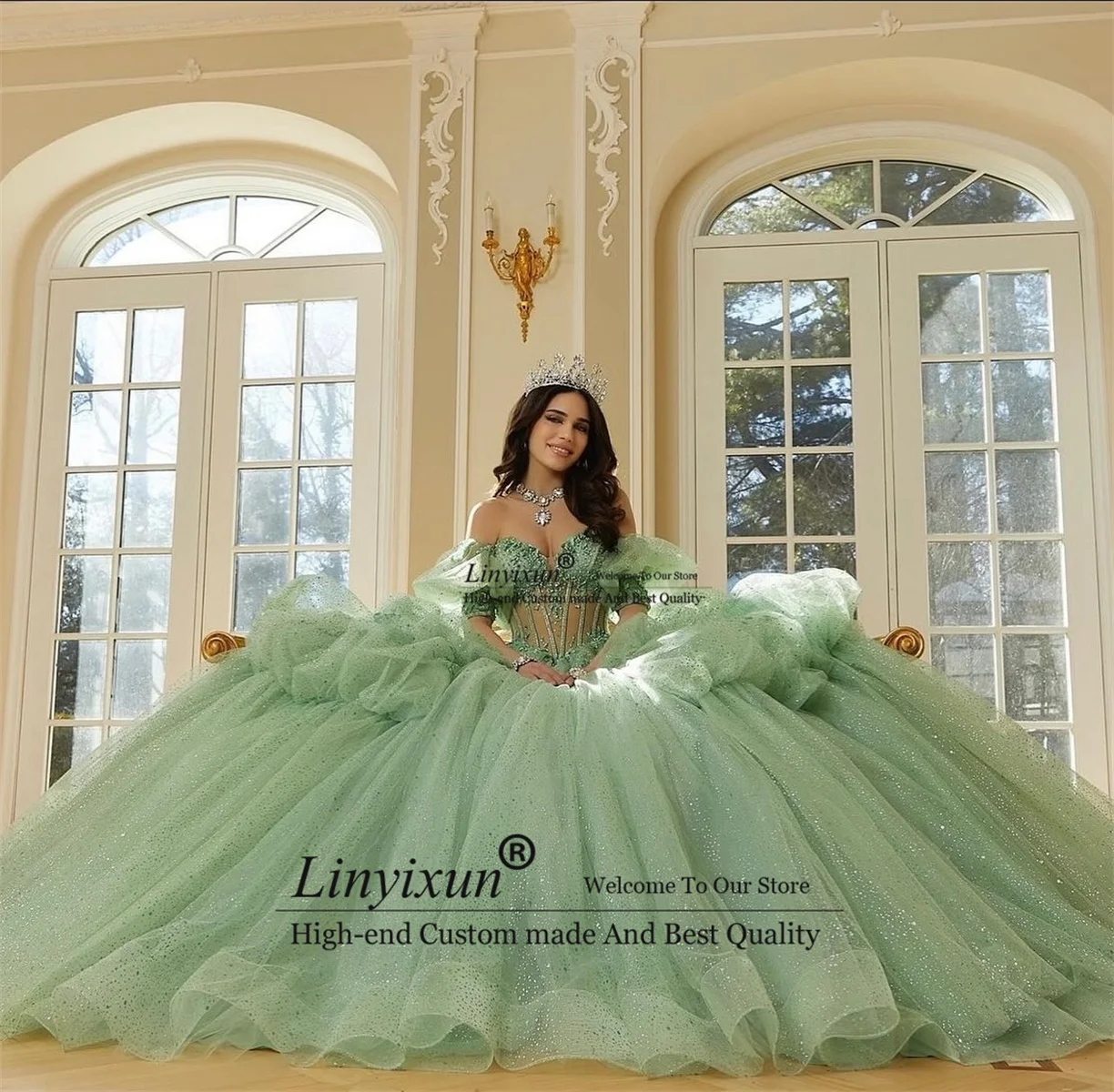 Sage Green Quinceanera Dresses 2024 Sweetheart Off Shoulder Princess Sweet 15 16 Years Old Birthday Prom Party Gown Backless