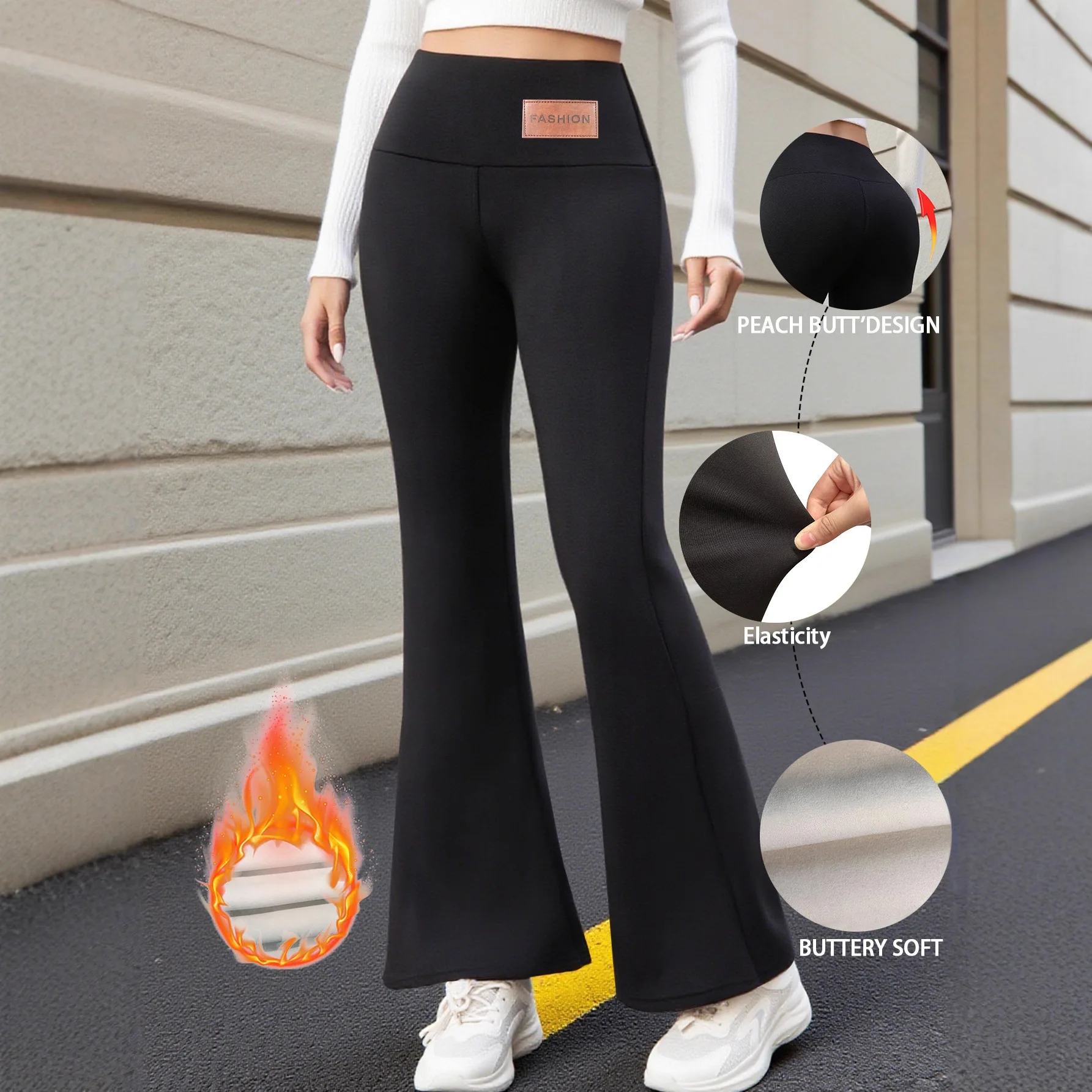 กางเกงเลกกิ้งออกกำลังกายทรงบานสำหรับผู้หญิง ผ้ากำมะหยี่หนานุ่ม อุ่นสบาย เอวสูง ทรงเข้ารูป ผ้ายืดหยุ่น ลายหนังฉลาม เหมาะสำหรับโยคะและสวมใส่ลำลอง