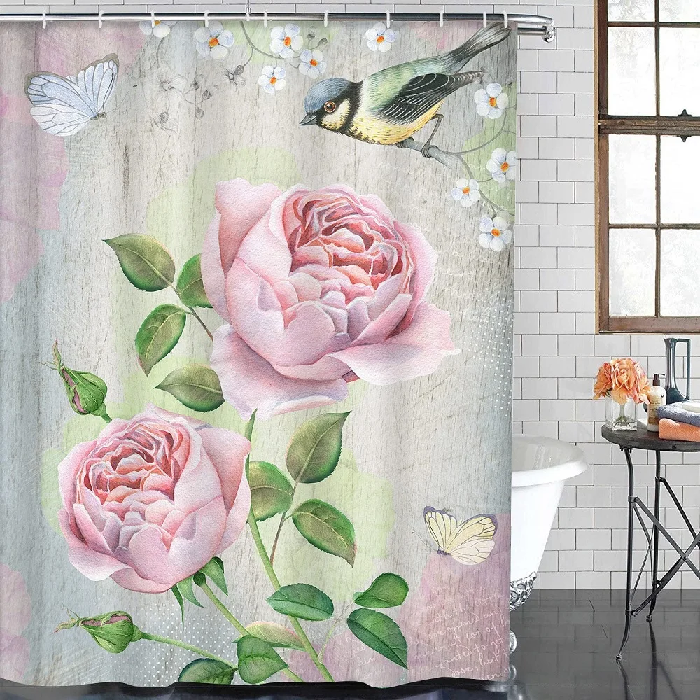 

Vintage Flowers Bicycle Butterfly Shower Curtain Pink Roses Floral Bird Bath Curtains Bathroom Deco with Hook Waterproof Screens