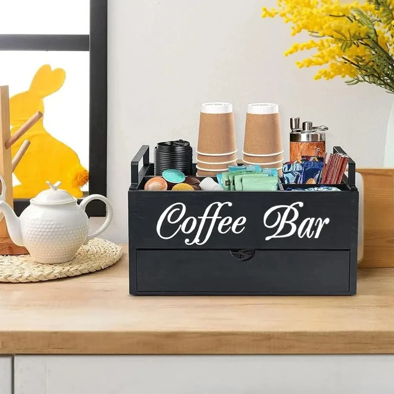 【Popular】Coffee Tea Holder Basket Wooden Coffee Holder Rustic Coffee Bar Decor Coffee Accessories Organizer For Home Coffee Bar