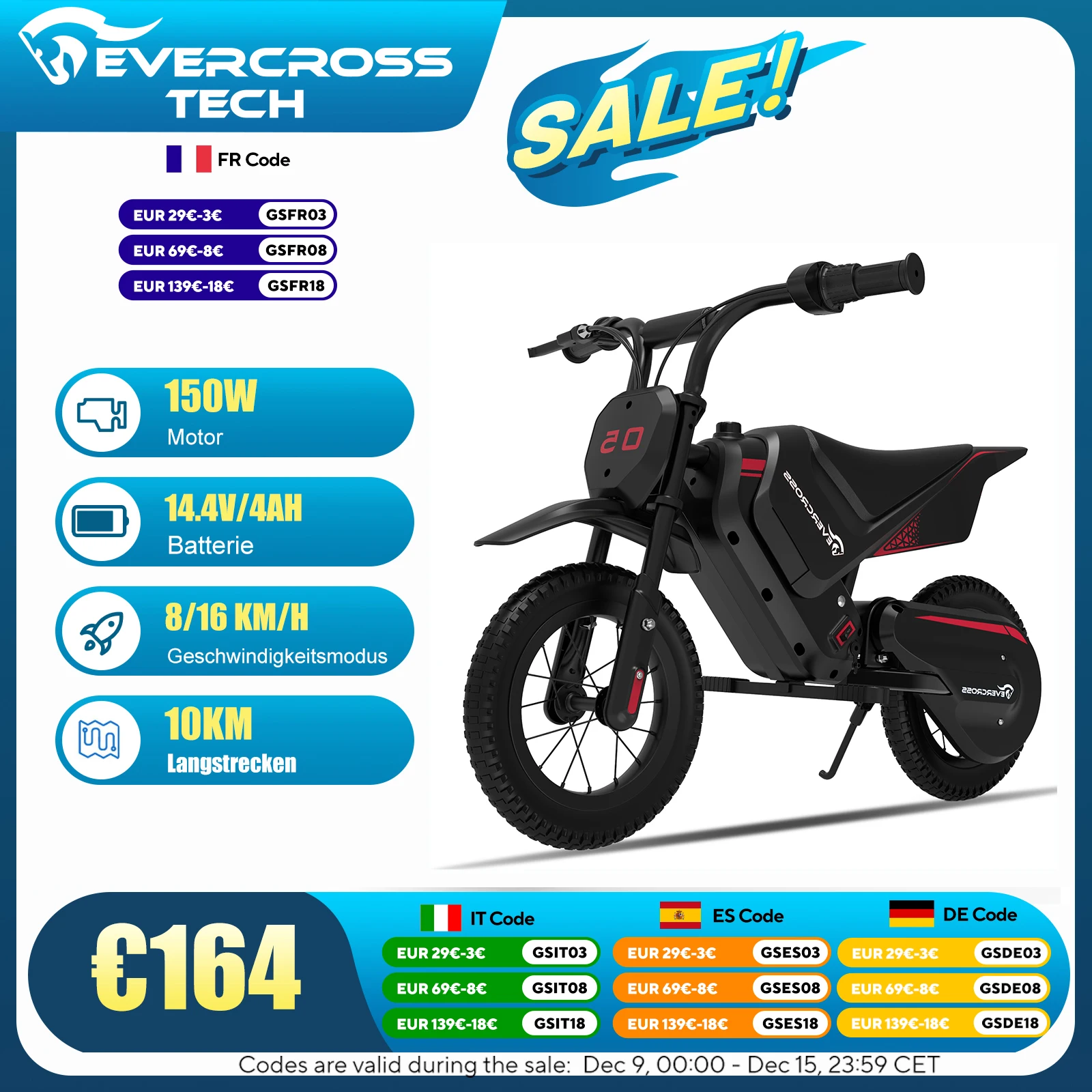 EVERCROSS TECH electric Motorbike for children, 150W, speeds 8/16 km/h, battery life up to 10 km, Motorbike Cross 12 inches for