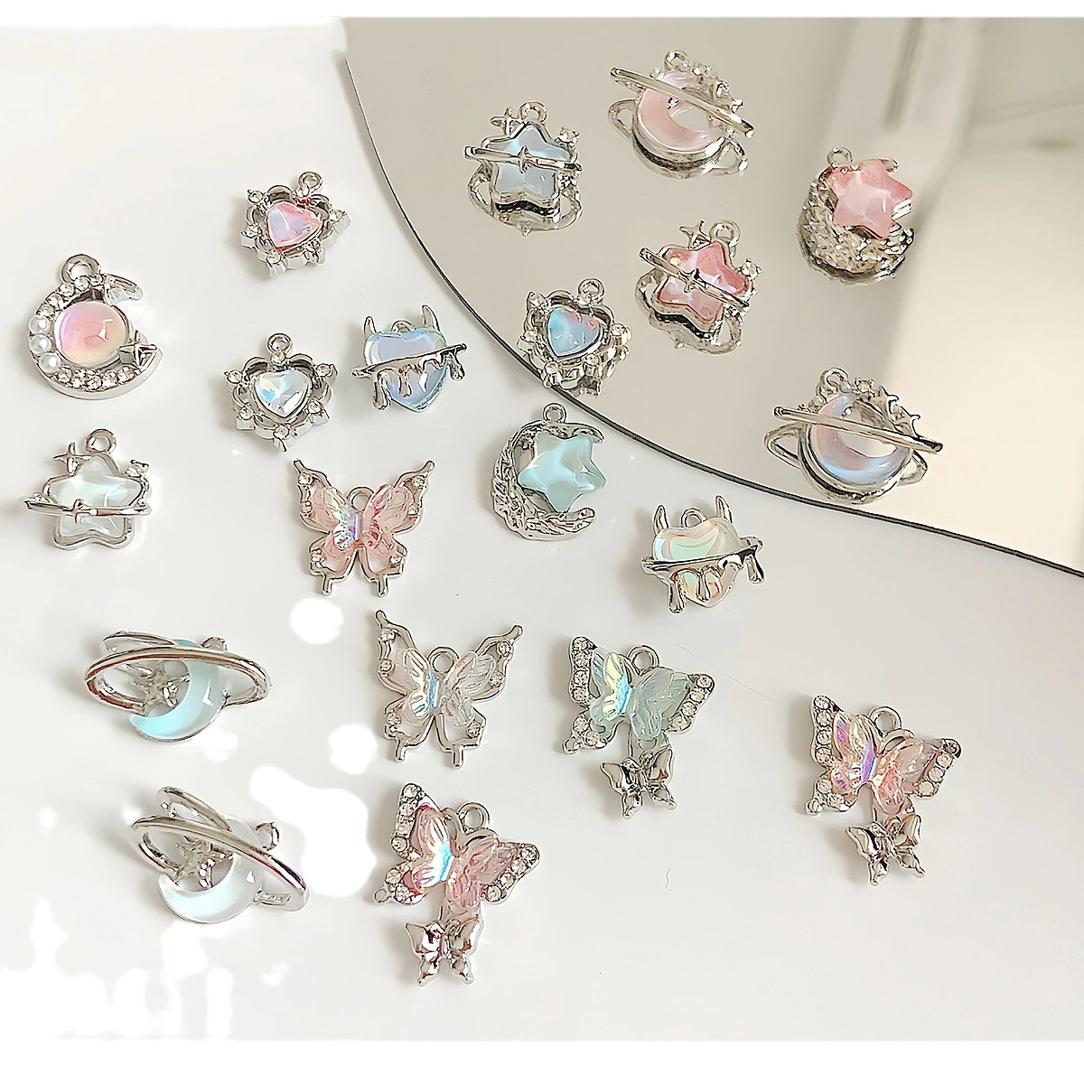 Pink Blue Colorful Heart Butterfly Moonstone Jewelry Accessories for Women Y2K Necklace Bracelet DIY Pendant Beads Accessory