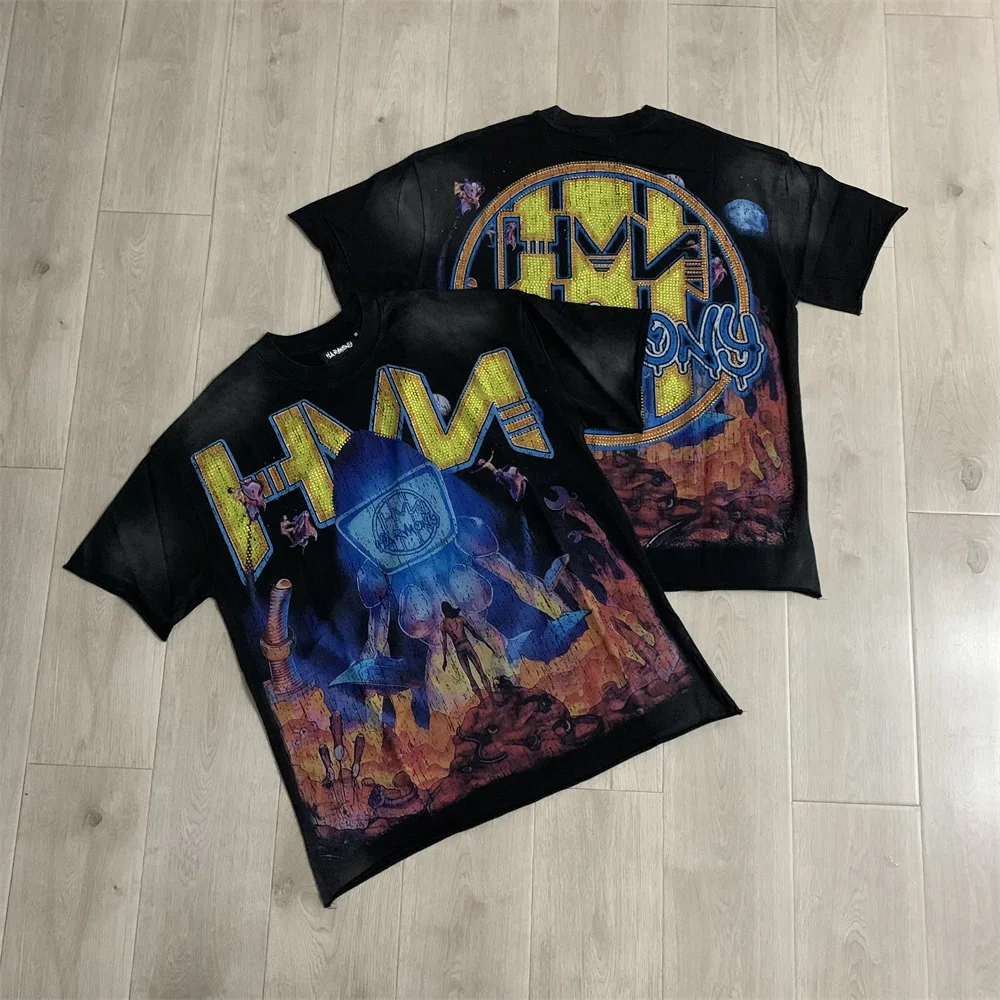 Streetwear Fashion Brand HARMONY T-shirts Men Women Stylish Letter Rhinestone Logo Graffiti Print Loose Casual Oversized Tees