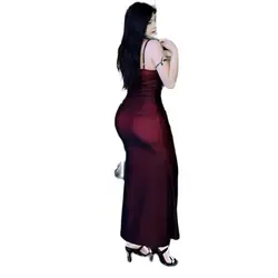 Korean Dark Red Hot Girl Sexy Suspender Dress Women Oversized Summer New Fashion Slim Pleated Waist Pack Hip Mid Length Dress