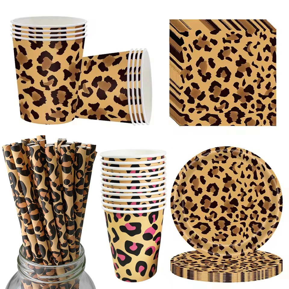 Geschirr mit Leopardenmuster, Safari-Tier-Geburtstagsparty, Pappteller, Servietten, Tassen, Strohhalme, Dekorationen, Partys mit Leopardenmotiv