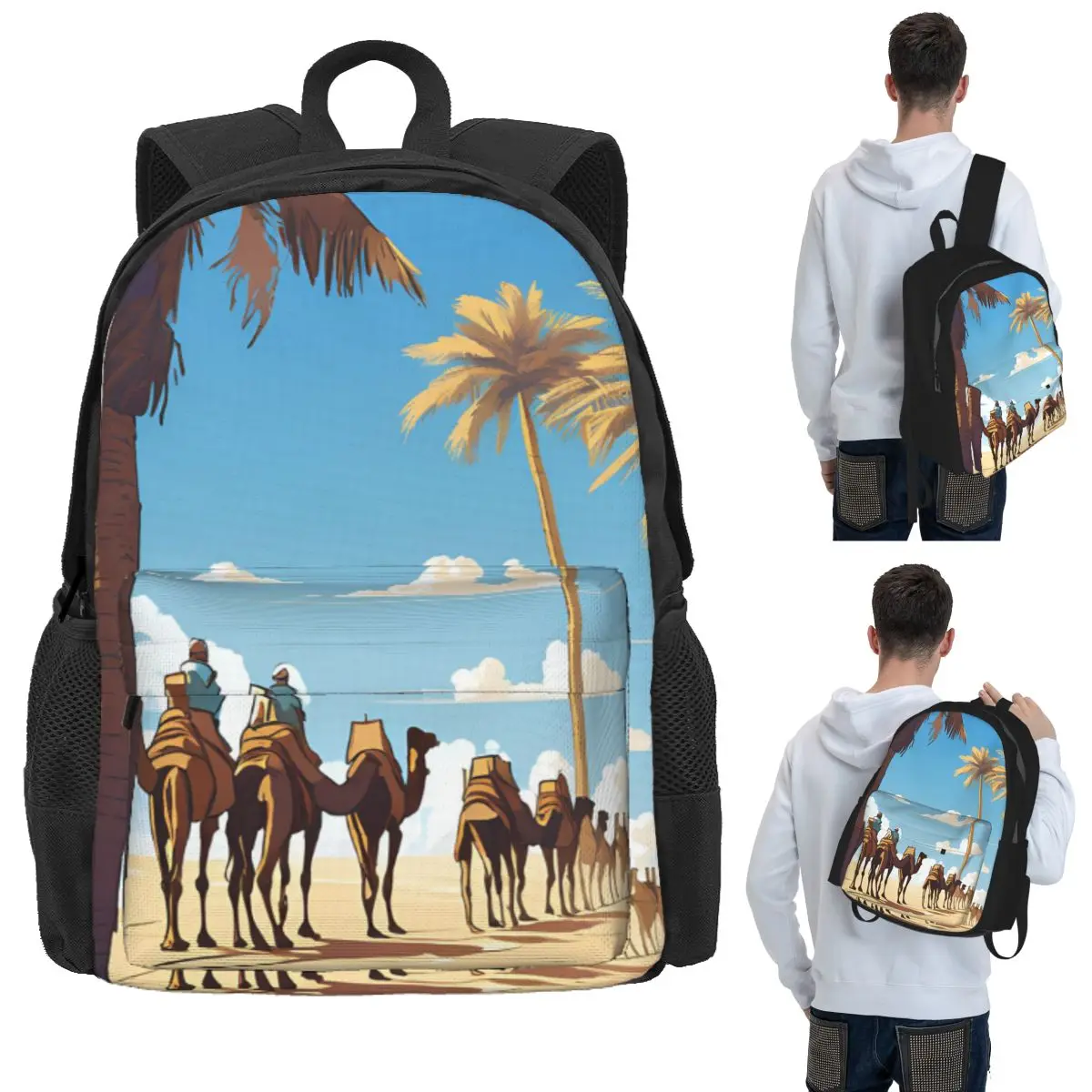 Caravan Under The Blue Sky Student Backpack School Bag Hiking Travel Daypack for Men Women Bookbag Shoulder Bags