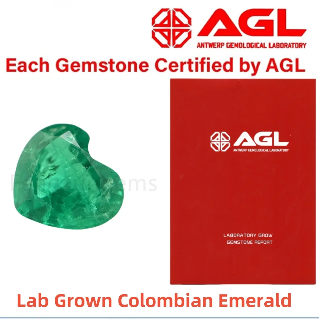 

Lab Grown Colombian Emeralds Heart Cut Hydrothermal Hand Cutting with Cracks Inclusions Inside Selectable AGL Certificate