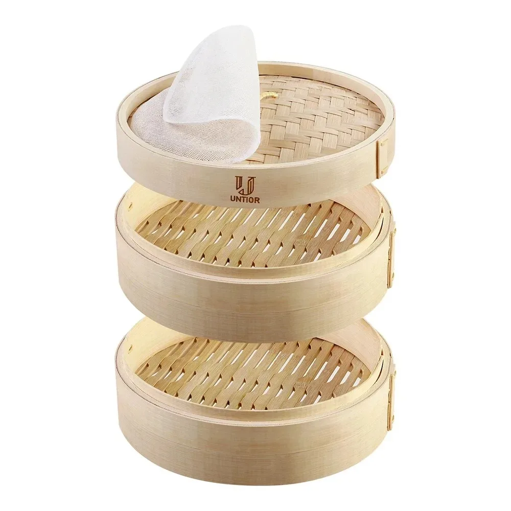 Handmade Bamboo Steamer 3 Tier & Lid Premium Bamboo Steamer Basket 100% Natural Bamboo Rolls Chicken Fish and 10 Inch Meat