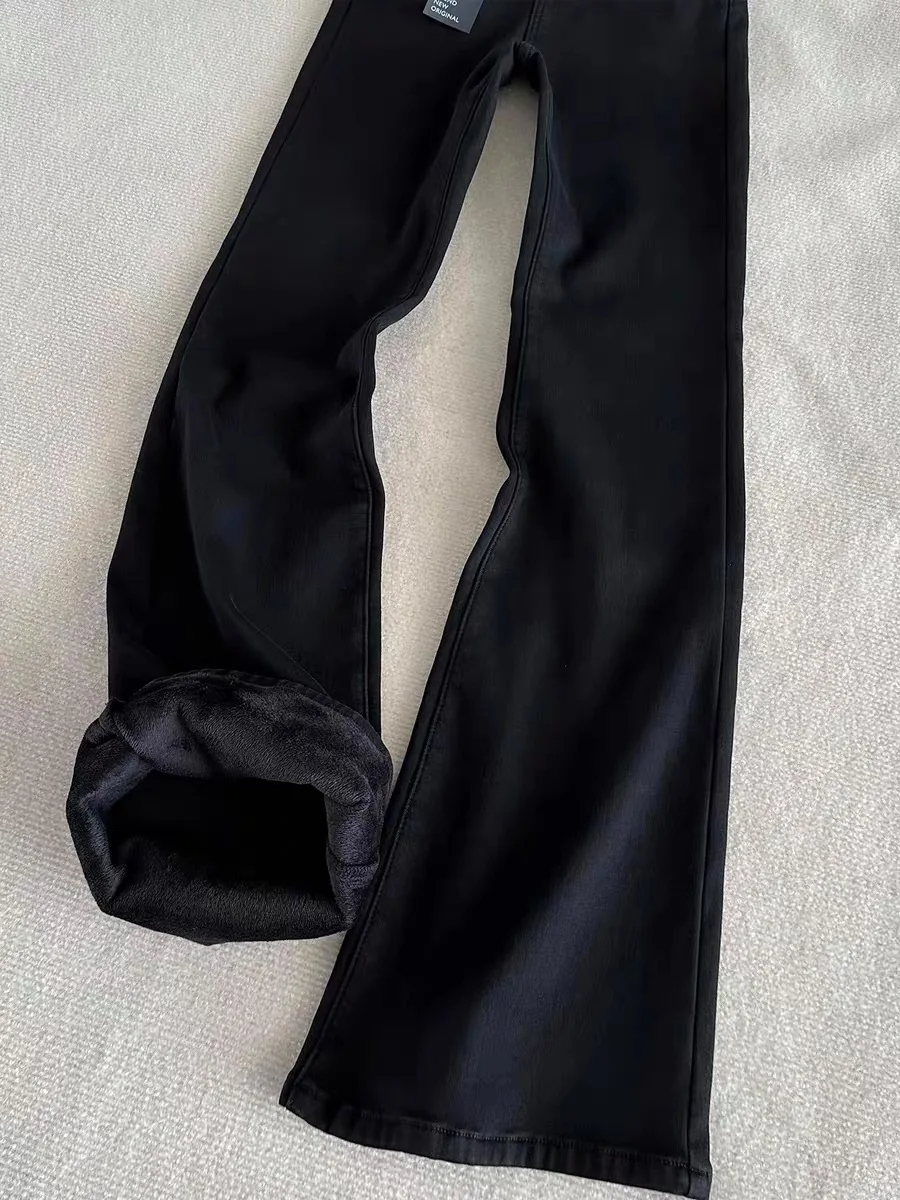 

High Waist Fce Lined Bla Micro Flared Denim Jeans Women's Student Slimming Hoof Pants American Sle Waed Outfit