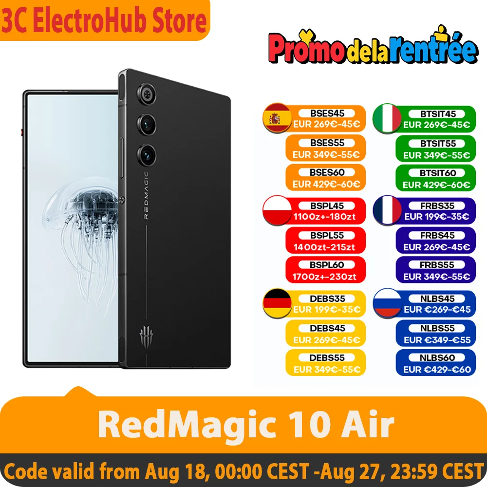 Nuovo smartphone Red Magic 10 Air Global Edition, pollici fino a Hz, 8 gen3, redcore r3, carica 6000mah 80W