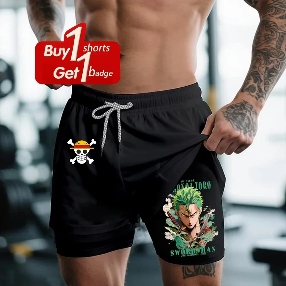 One Piece Men's Shorts Anime Zoro Summer Double-layer 2-in-1 Compression Quick-drying Gym Shorts Beach Pants Men Swimsuit Beach