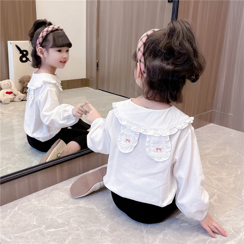 

Для девочек с вышивкой irt Rabbit Ear Knot Весна Осень Новый Sle Little Girl School orm White irt Хлопковый материал