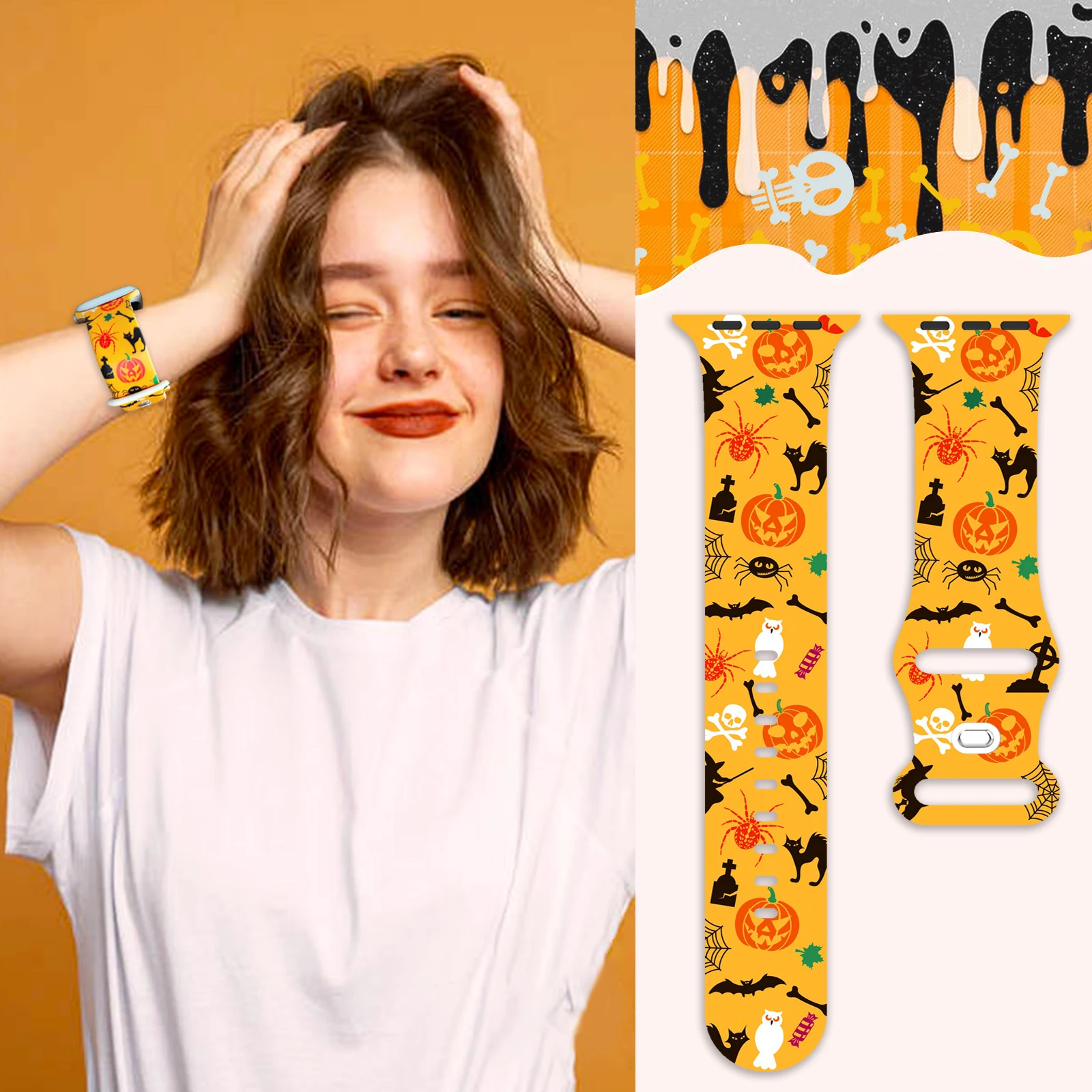 Halloween Pumpkin Ghost Strap for Apple Watch 10 9 8 7 Silicone Band Replaceable Bracelet for iWatch 46mm 42mm Watchband