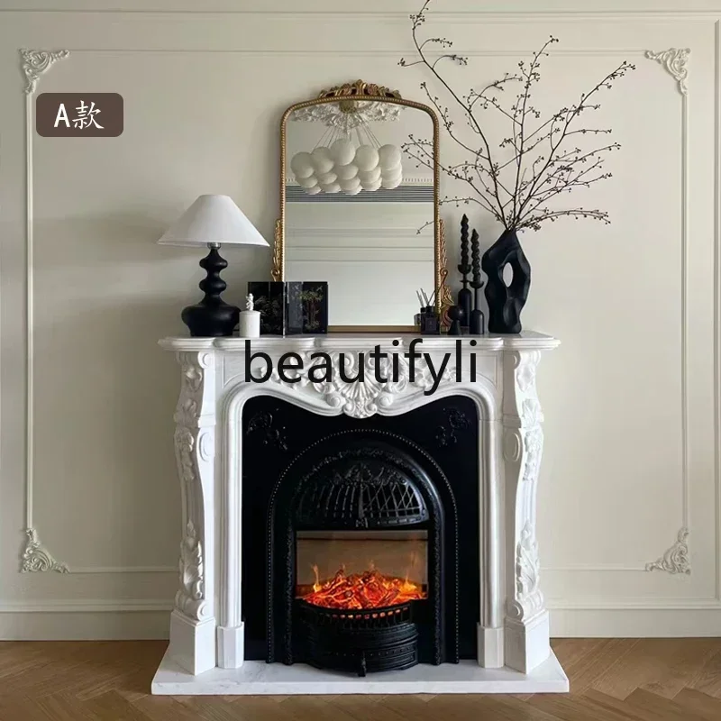 

Marble fireplace French living room decorative cabinet American European ornament white marble stone fireplace rack customizatio