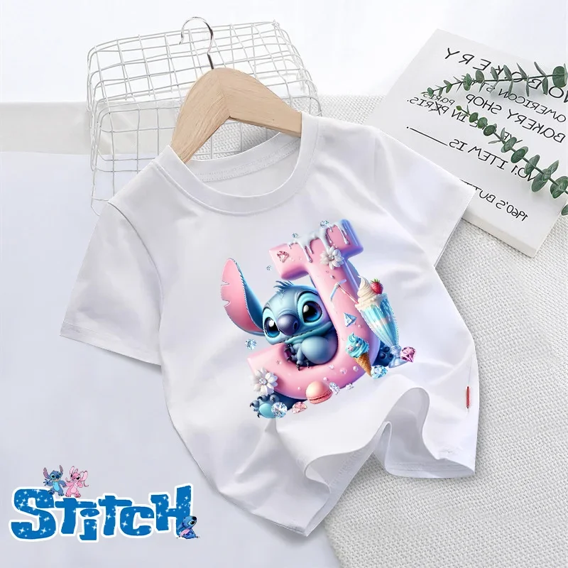 

Stitch Cotton T-Shirt Disney Summer Short Sleeve Tops A-Z Letters Clothing White T Shirt Tee Girl Shirts Kid Game Casual Clothes