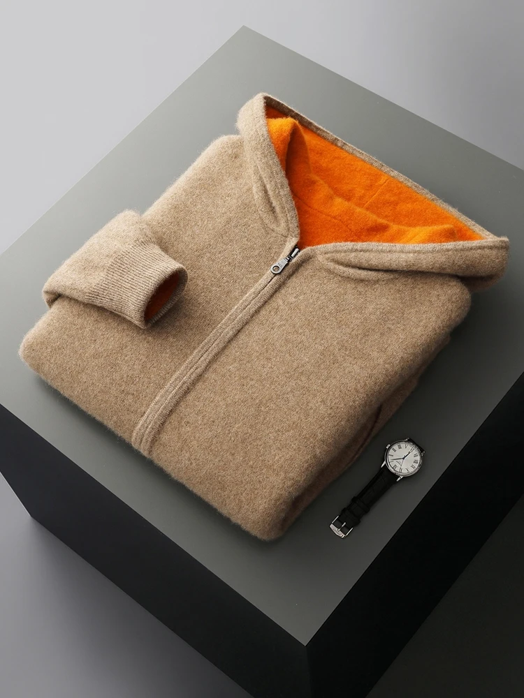 

Autumn Winter Men Sweater Double Sided Hoodie Jacket 100% Merino Wool Cardigan Sweater Clothes Casual Warm Color Collision Coat