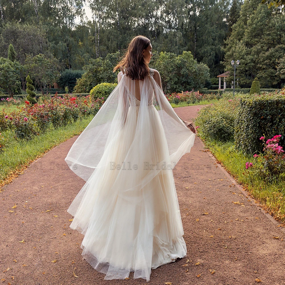 Vestido De Novia De tul con cuello en V, traje Sexy sin mangas, línea A, apliques De lentejuelas, Espalda descubierta, largo hasta el suelo