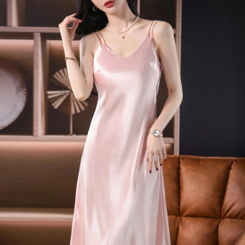 V-neck Sexy Black Dress 2025 New Summer Satin Shoulder Straps Backless Dress Women's Suspender Dress Luxury Dresses for Women