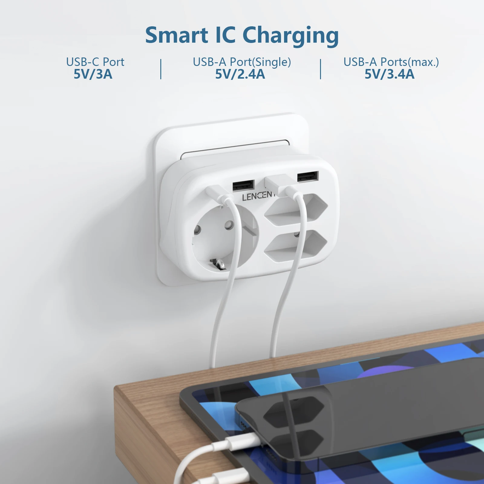 LENCENT EU Multiple Wall Plug 7 in 1 Socket with 3 AC Outlets 3 USB Ports and 1 Type C Multiple Plug Adapter for Home and Office