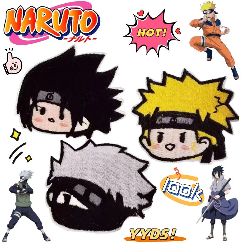 Parche de tela bordado creativo 2D de Naruto Uzumaki, Sasuke Uchiha y Kakashi Hatake, mercancía de anime, parche adhesivo.