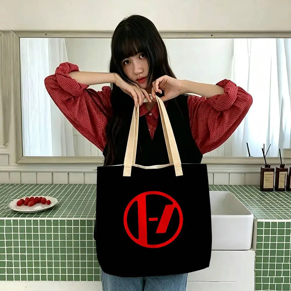 T-Twenty One Pilots Band-Aufbewahrungstaschen, Leinenmischung aus Baumwolle und Polyester, doppelseitige Schulter- und Handtasche, wiederverwendbare, umweltfreundliche Tragetasche. – Detail 5