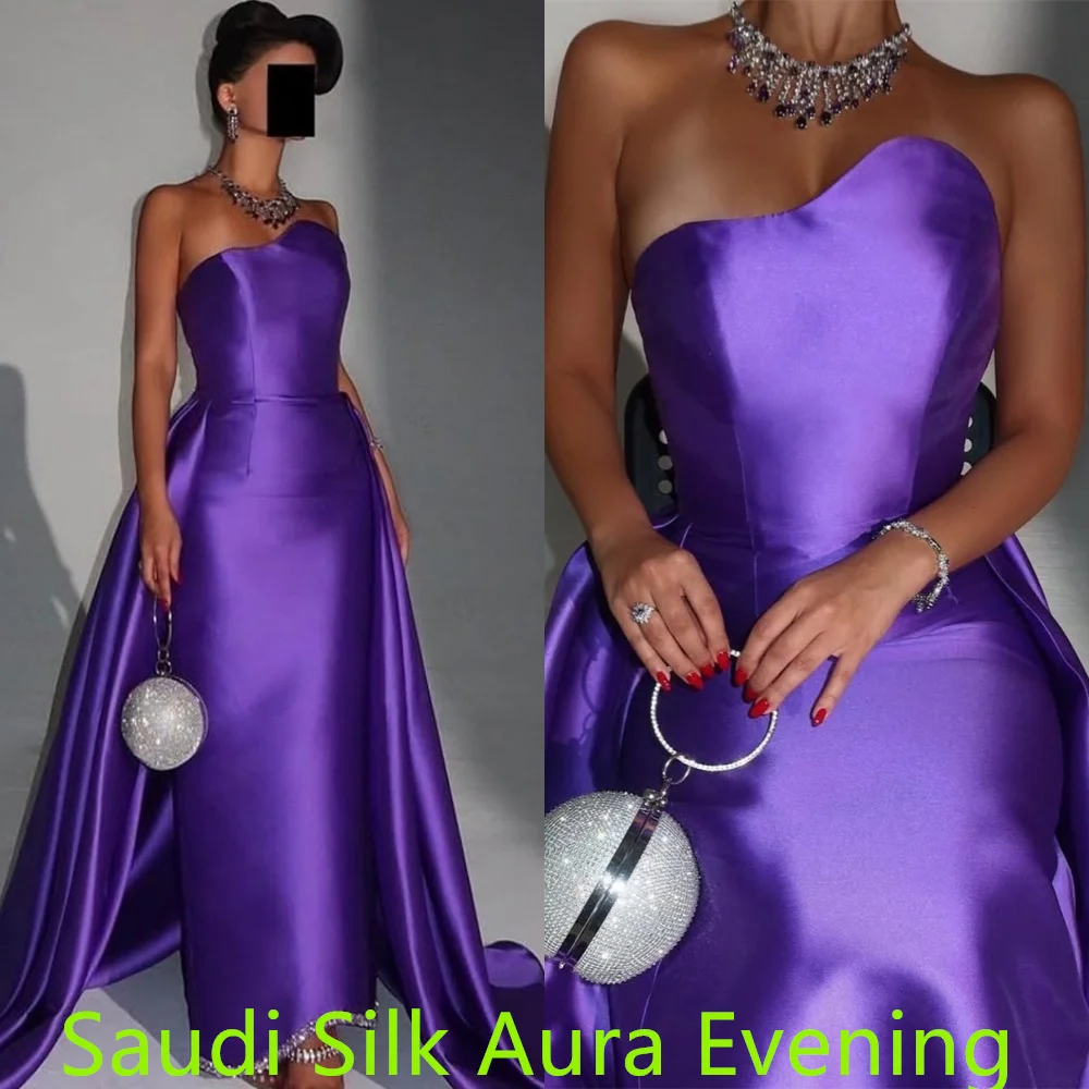 فستان أنيق مخصص من الساتان الأرجواني لحفلات العودة للوطن كلاسيكي بدون حمالات ذيل حورية البحر بسحاب خلفي مخصص رداء السهرة #3