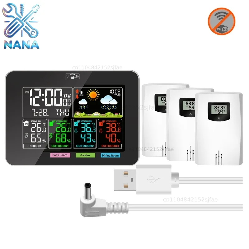 Weather Station  with LCD Display Desktop Clock Weather Forecast Indoor/Outdoor Thermometer Hygrometer with 3-Sensors​