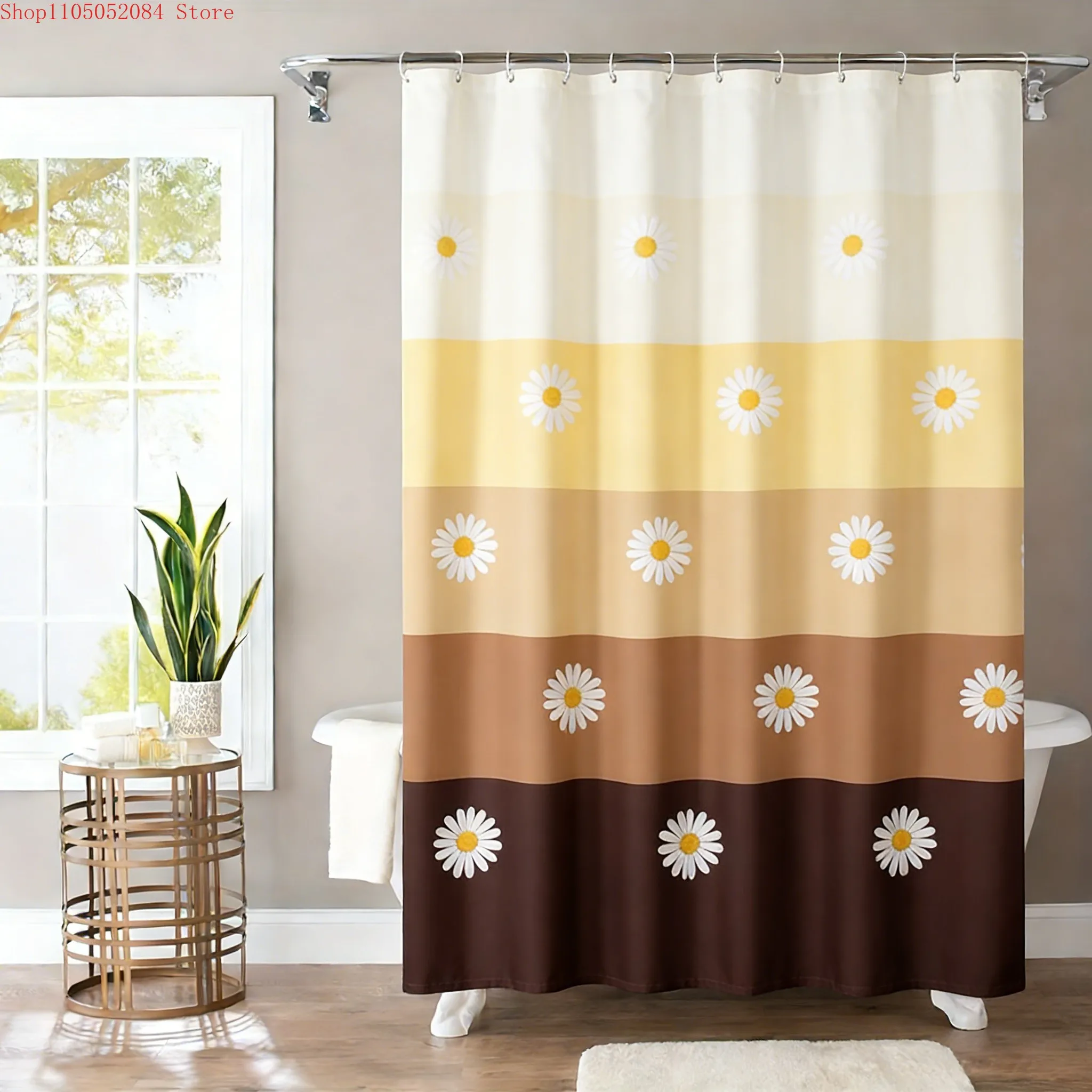 Wasserfester Duschvorhang mit Farbverlauf in Braun und Gelb mit Gänseblümchen-Print für Badezimmerdekoration